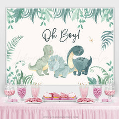 Lofaris Oh Boy Greenery Dinosaurs White Baby Shower Backdrop