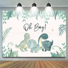 Lofaris Oh Boy Greenery Dinosaurs White Baby Shower Backdrop