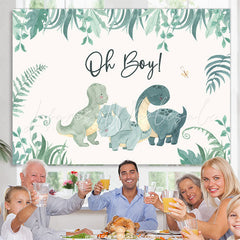 Lofaris Oh Boy Greenery Dinosaurs White Baby Shower Backdrop