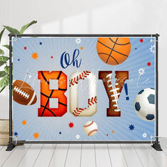 Lofaris Oh Boy Sports Balls Blue Stripe Baby Shower Backdrop