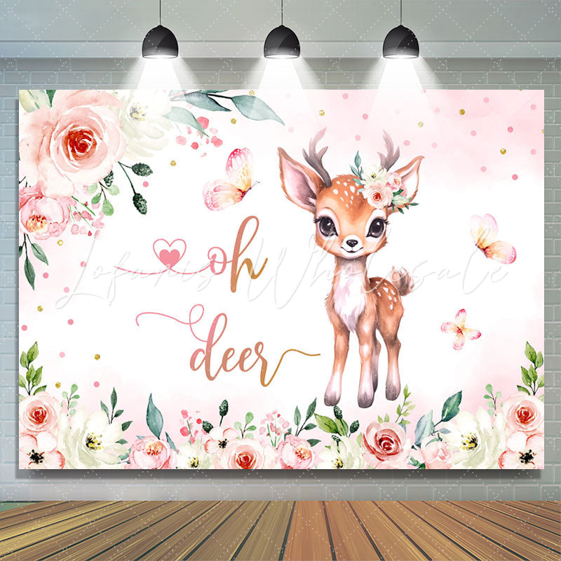 Lofaris Oh Deer Pink Floral Butterfly Baby Shower Backdrop