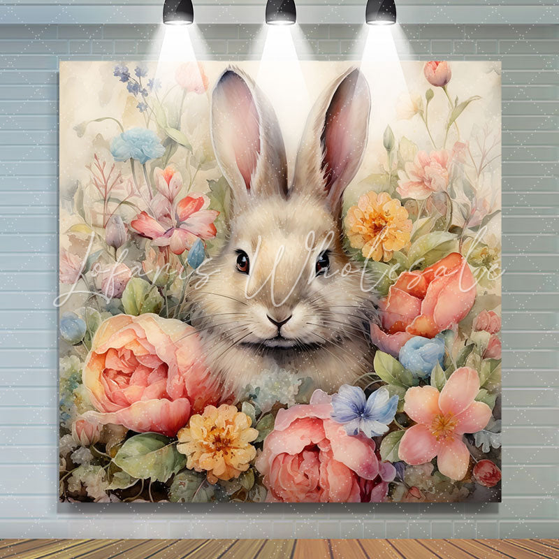 Lofaris Oil Painting Style Bunny Floral Birthday Backdrop