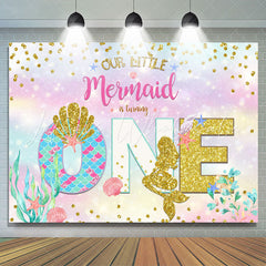 Lofaris Our Litter Mermaid Is Turning Gold Glitter First Birthday Backdrop