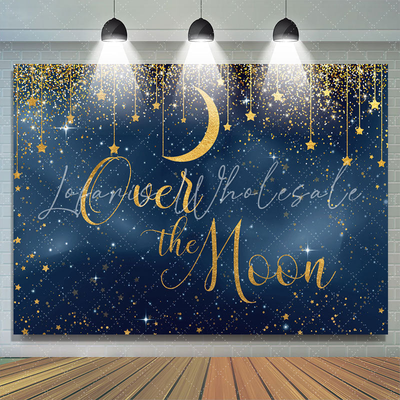 Lofaris Over the Moon Blue and Golden Star Baby Shower Backdrop