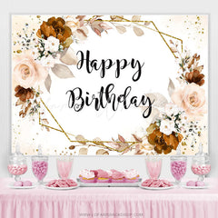 Lofaris Pale Pink Flower Gold Border Happy Birthday Backdorp