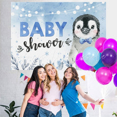 Lofaris Penguin Blue Winter Baby Shower Backdrop for Party