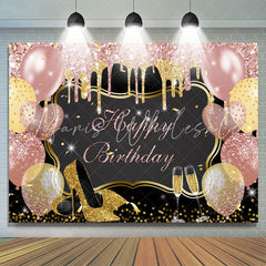 Lofaris Pink And Gold Glitter Balloons Happy Birthday Backdrop