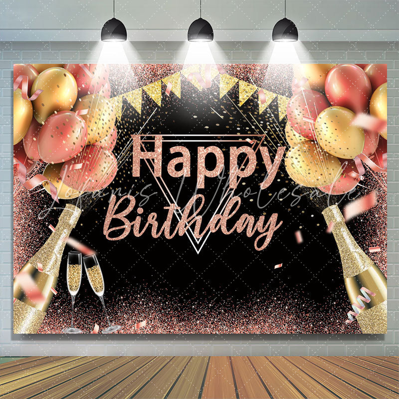 Lofaris Pink And Golden Balloons Glitter Birthday Backdrop