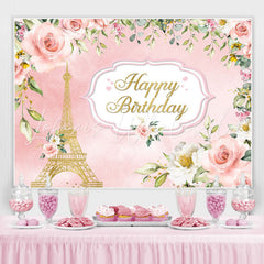 Lofaris Pink And Golden Floral Tower Happy Birthday Backdrop