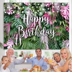 Lofaris Pink and Green Tropical Leaves Happy Birthday Backdrop