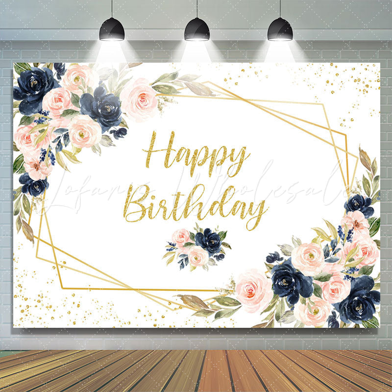 Lofaris Pink And Navy Blue Floral Gold Glitter Birthday Backdrop