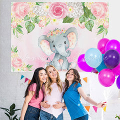 Lofaris Pink and White Floral Elephent Baby Shower Backdrop