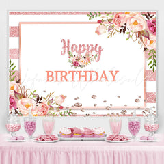 Lofaris Pink And White Floral Happy Birthday Backdrop For Girl