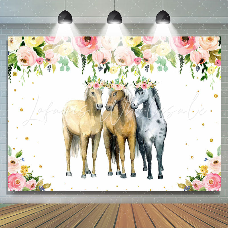 Lofaris Pink and Yellow Florals Three Horse Party Backdrop