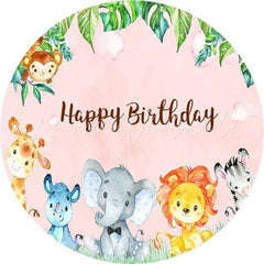 Lofaris Pink Animals Round Happy Birthday Backdrop For Girl