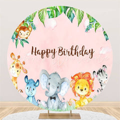 Lofaris Pink Animals Round Happy Birthday Backdrop For Girl