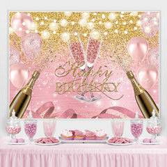 Lofaris Pink Balloon And Golden Glitter Happy Birthday Backdrop