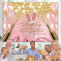 Lofaris Pink Balloon And Golden Glitter Happy Birthday Backdrop