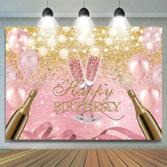 Lofaris Pink Balloon And Golden Glitter Happy Birthday Backdrop