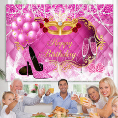 Lofaris Pink Balloon and White Pearl Happy Birthday Backdrop