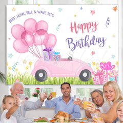 Lofaris Pink Balloons Car Happy Birthday Backdrop For Girl