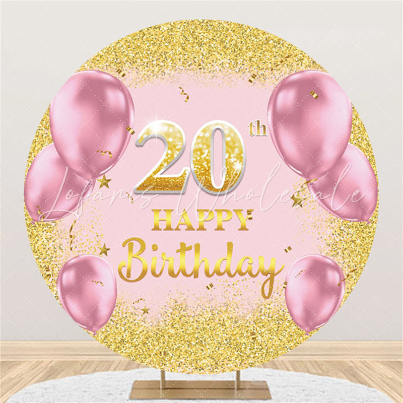 Lofaris Pink Balloons Round Gold Glitter 20th Birthday Backdrop