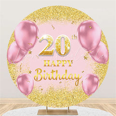 Lofaris Pink Balloons Round Gold Glitter 20th Birthday Backdrop