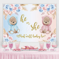 Lofaris Pink Blue Floral Teddy Bear Glitter Baby Shower Backdrop