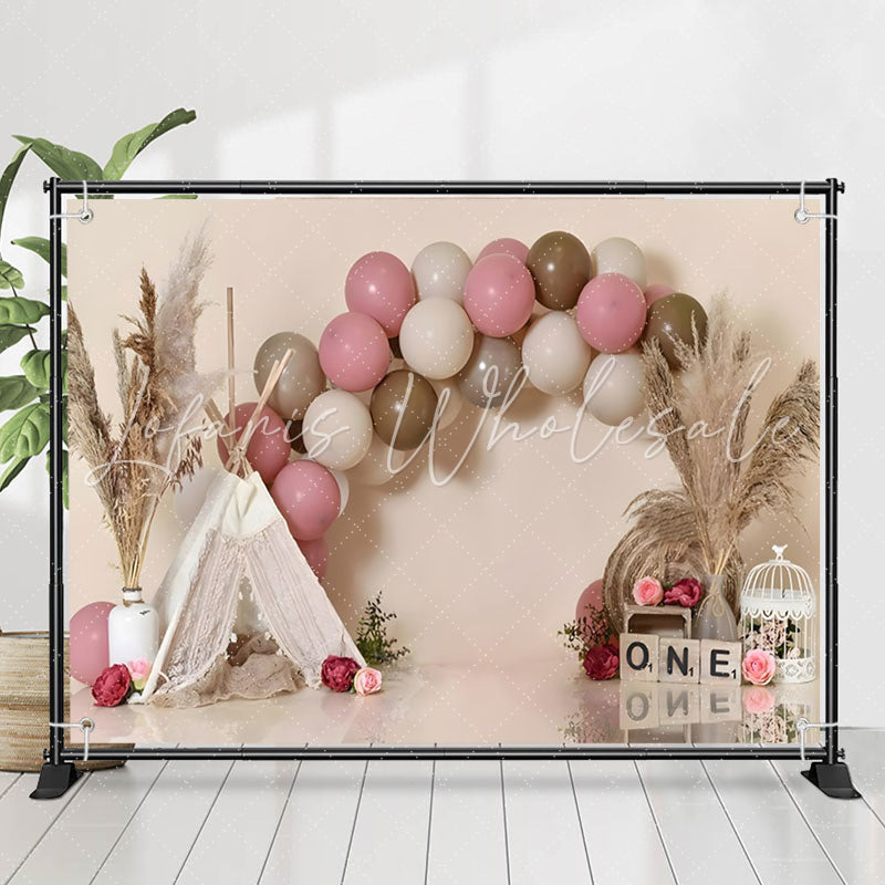 Lofaris Pink Brown Balloon Reed Tent 1st Birthday Backdrop