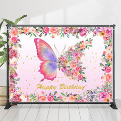 Lofaris Pink Butterfly Floral Girl Happy Birthday Backdrop