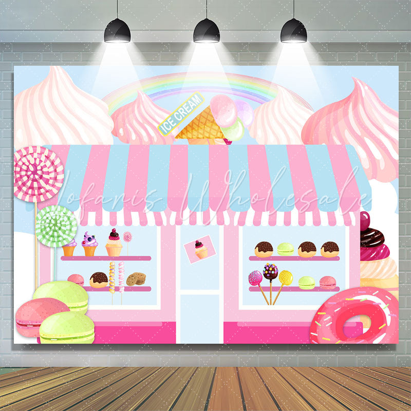 Lofaris Pink Candy Dessert Shop Themed Happy Birthday Backdrop