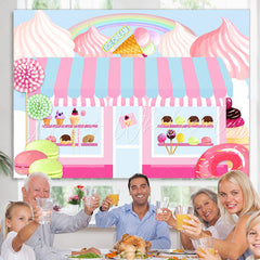 Lofaris Pink Candy Dessert Shop Themed Happy Birthday Backdrop