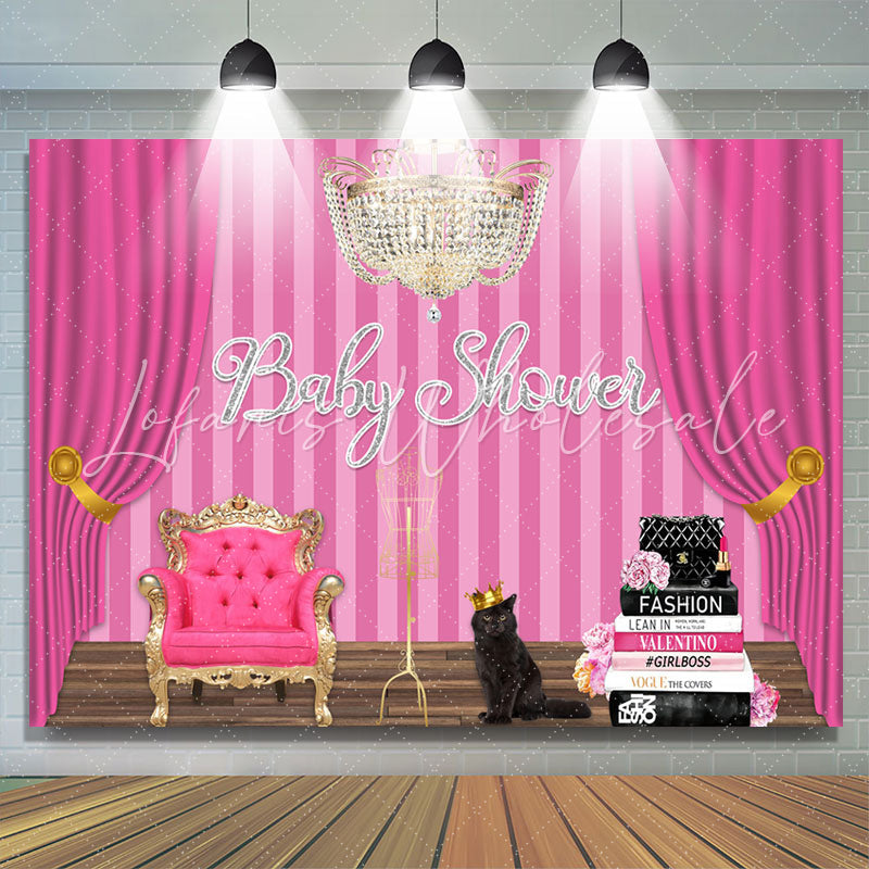 Lofaris Pink Curtain Stripes Cats Books Baby Shower Backdrop