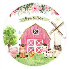 Lofaris Pink Farmhouse And Animals Round Happy Birthday Backdrop