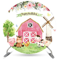 Lofaris Pink Farmhouse And Animals Round Happy Birthday Backdrop