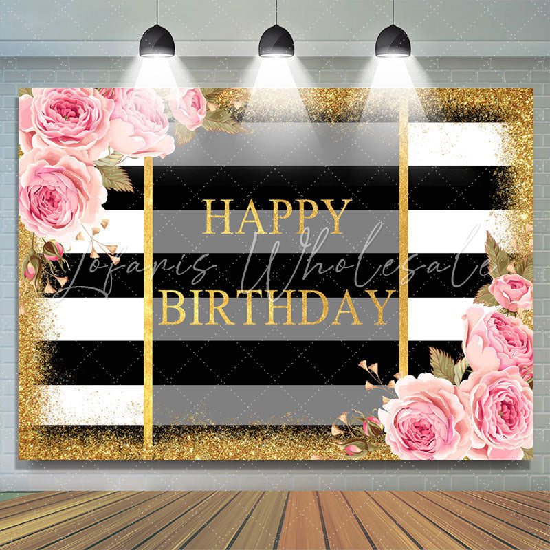 Lofaris Pink Fioral And Gold Glitter Happy Birthday Backdrop