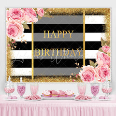 Lofaris Pink Fioral And Gold Glitter Happy Birthday Backdrop