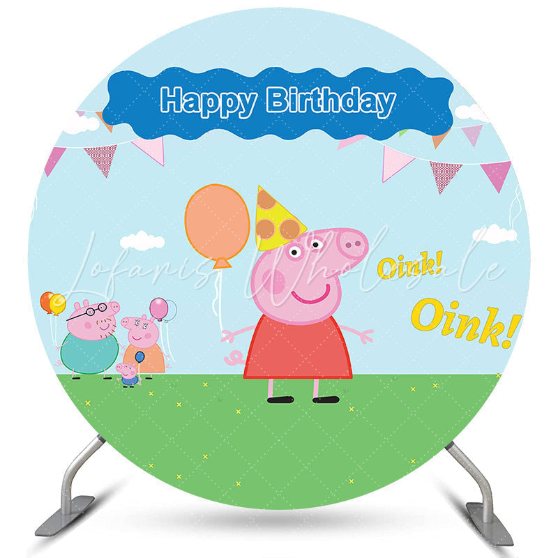 Lofaris Pink Flags And Pig Round Balloons Birthday Backdrop