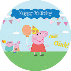 Lofaris Pink Flags And Pig Round Balloons Birthday Backdrop