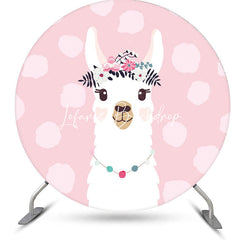 Lofaris Pink Floral Alpaca Animals Round Birthday Backdrop