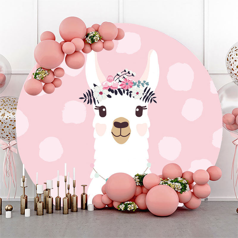 Lofaris Pink Floral Alpaca Animals Round Birthday Backdrop