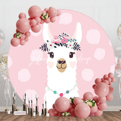 Lofaris Pink Floral Alpaca Animals Round Birthday Backdrop