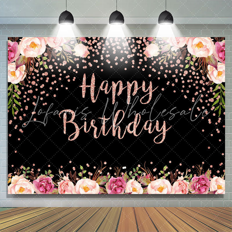 Lofaris Pink Floral And Black Bokeh Happy Birthday Backdrop