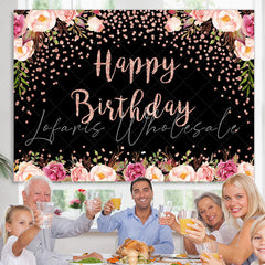 Lofaris Pink Floral And Black Bokeh Happy Birthday Backdrop