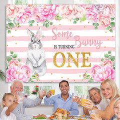 Lofaris Pink Floral And Bunny Is Turning One Birthday Backdrop