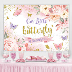 Lofaris Pink Floral And Butterful Glitter 1st Birthday Backdrop