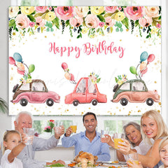 Lofaris Pink Floral And Car Party Parade Birthday Backdrop