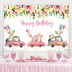 Lofaris Pink Floral And Car Party Parade Birthday Backdrop