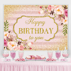 Lofaris Pink Floral and Gold Glitter Happy Birthday Backdrop