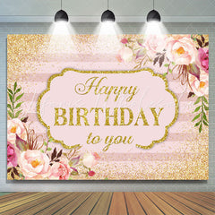 Lofaris Pink Floral and Gold Glitter Happy Birthday Backdrop